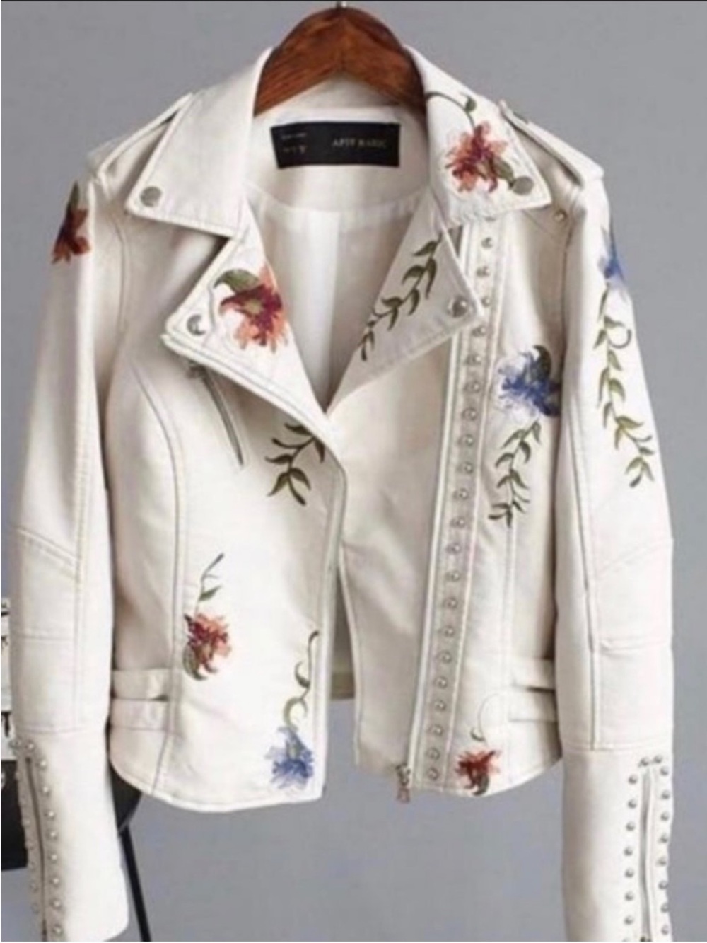 Floral Embroidered Cream Moto Jacket -